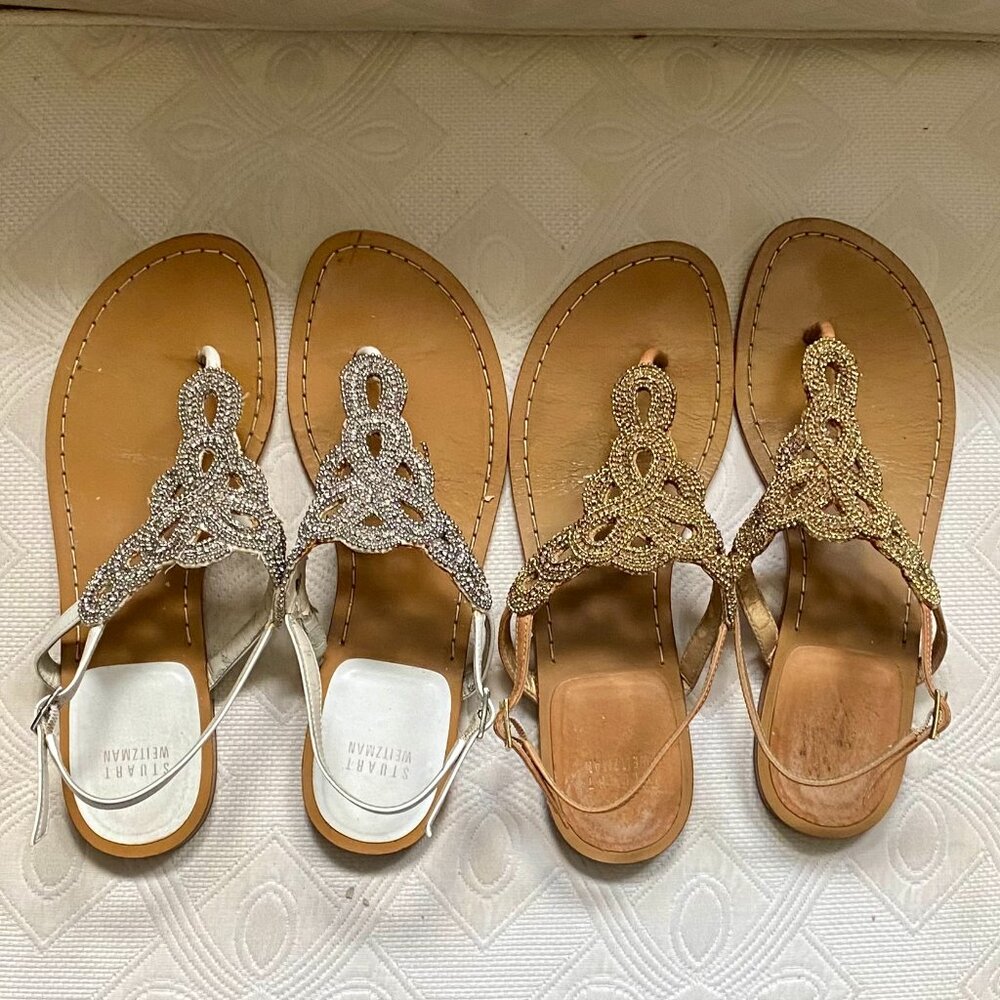 Stuart Weitzman Beaded T-Strap Sandals in Silver and Gold
